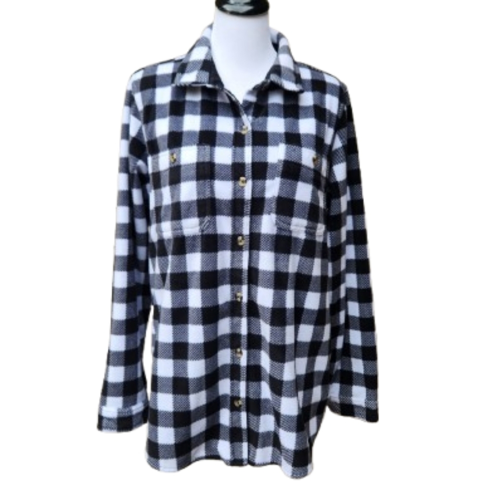 Time & Tru Fleece Button-Up Plaid Shirt Black White Holiday Christmas Winter